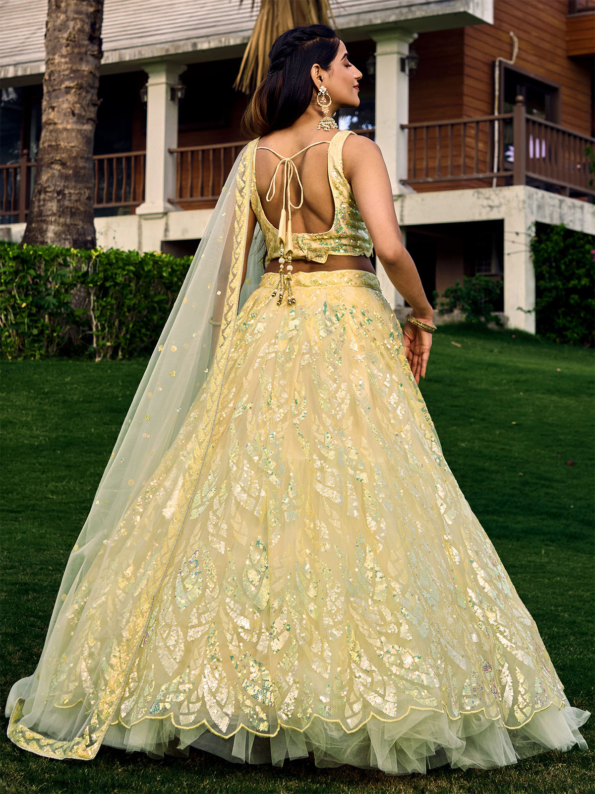 Odette Light Yellow Soft Net Embellished Semi Stitched Lehenga With Unstitched Blouse For Women
