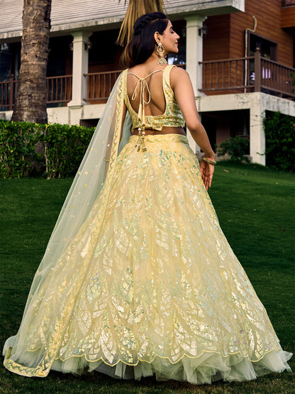 Odette Light Yellow Soft Net Embellished Semi Stitched Lehenga With Unstitched Blouse For Women
