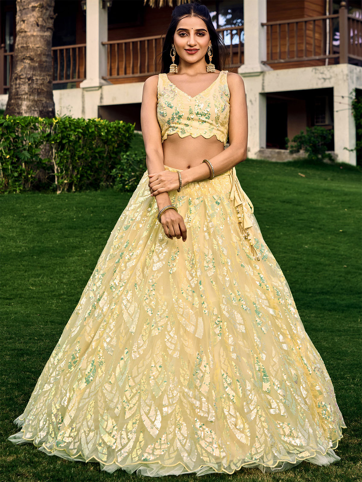 Odette Light Yellow Soft Net Embellished Semi Stitched Lehenga With Unstitched Blouse For Women