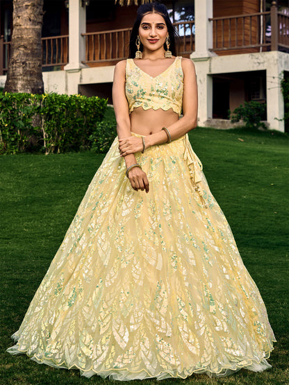 Odette Light Yellow Soft Net Embellished Semi Stitched Lehenga With Unstitched Blouse For Women