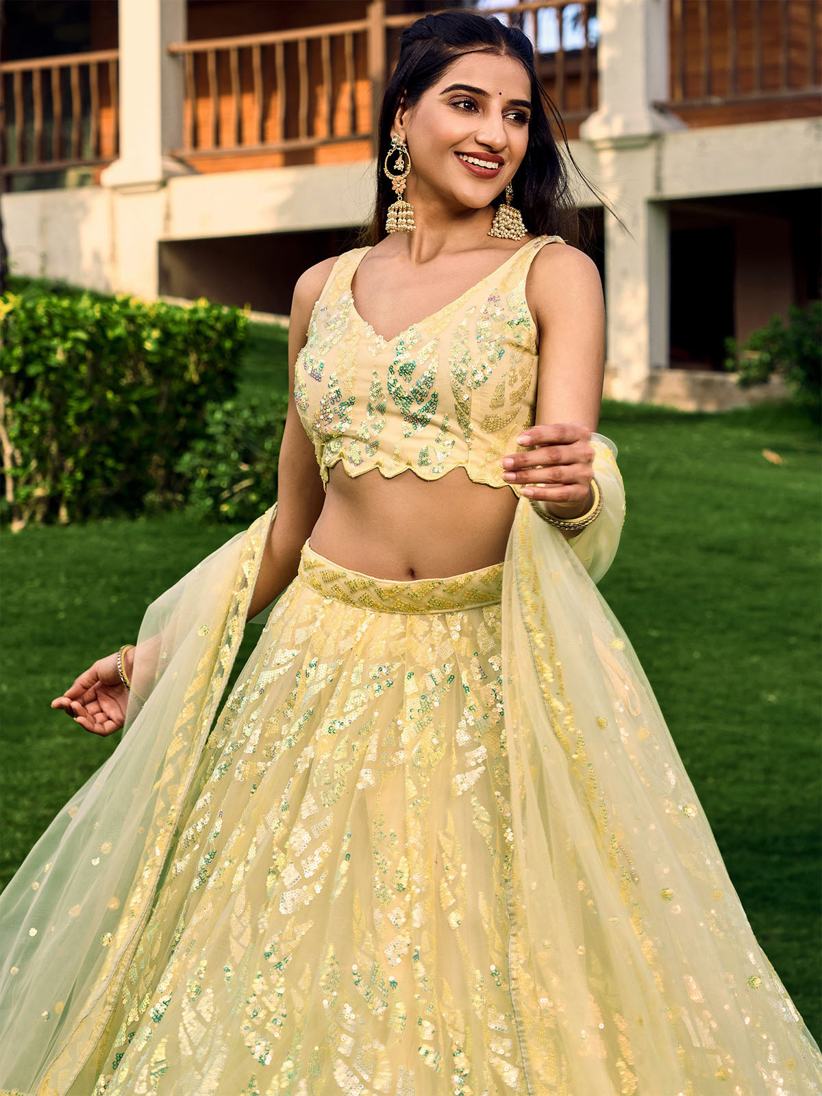 Odette Light Yellow Soft Net Embellished Semi Stitched Lehenga With Unstitched Blouse For Women