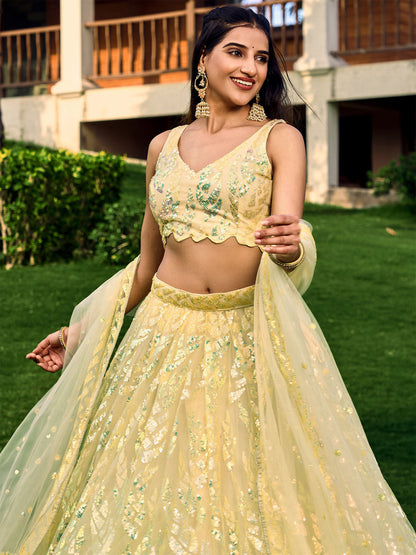 Odette Light Yellow Soft Net Embellished Semi Stitched Lehenga With Unstitched Blouse For Women