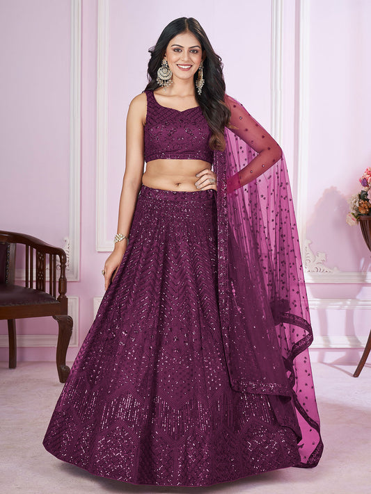 Odette Purple Soft Net Embellished Semi Stitched Lehenga With Unstitched Blouse For Women