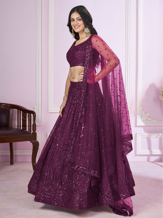 Odette Purple Soft Net Embellished Semi Stitched Lehenga With Unstitched Blouse For Women