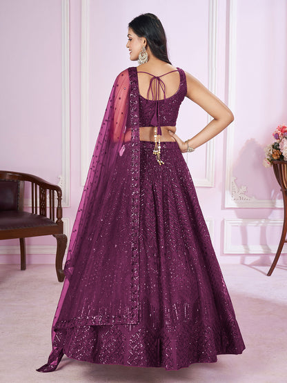 Odette Purple Soft Net Embellished Semi Stitched Lehenga With Unstitched Blouse For Women