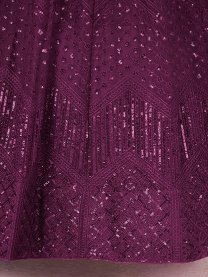 Odette Purple Soft Net Embellished Semi Stitched Lehenga With Unstitched Blouse For Women
