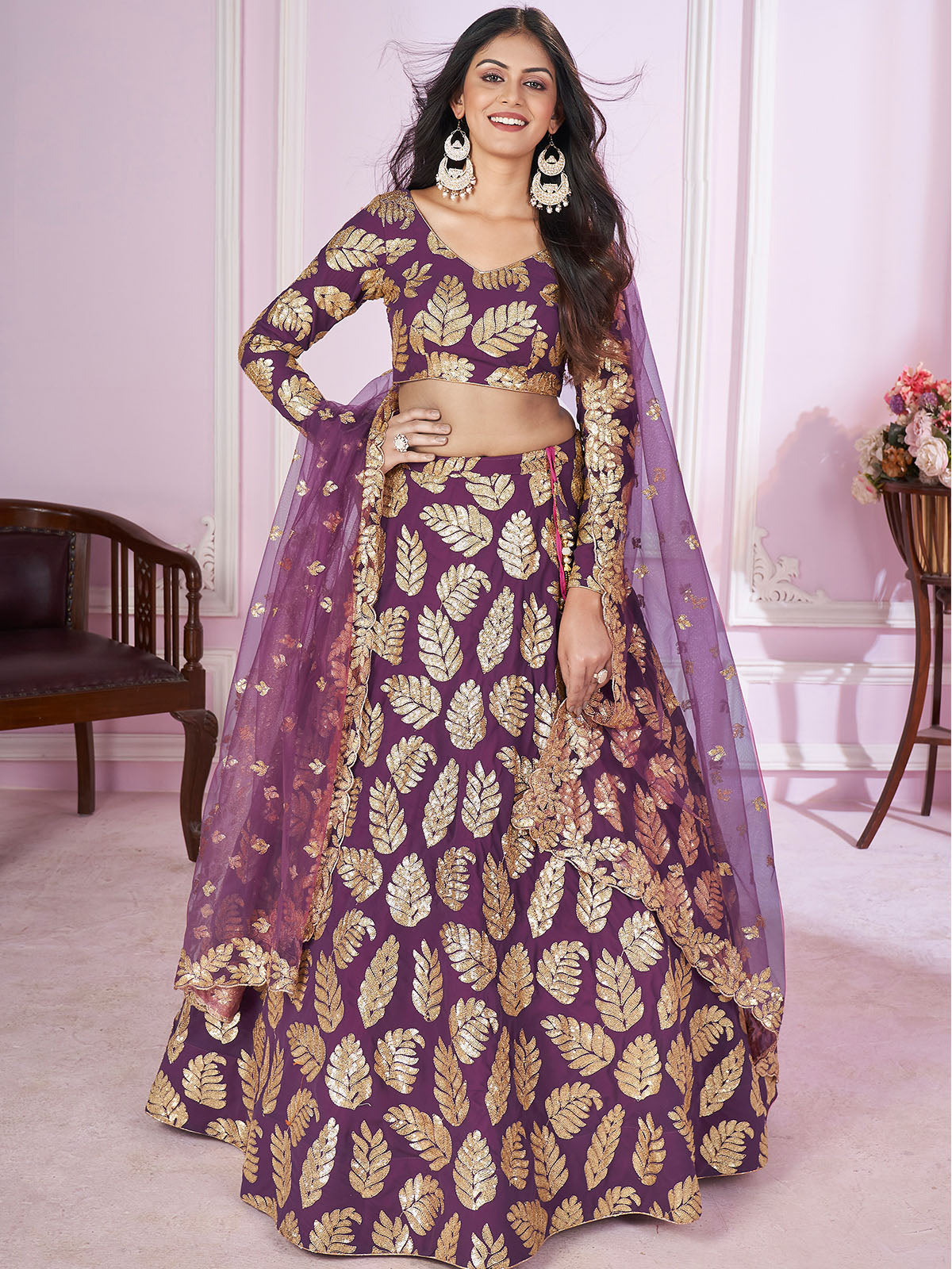 Odette Purple Georgette Embellished Semi Stitched Lehenga With Unstitched Blouse For Women