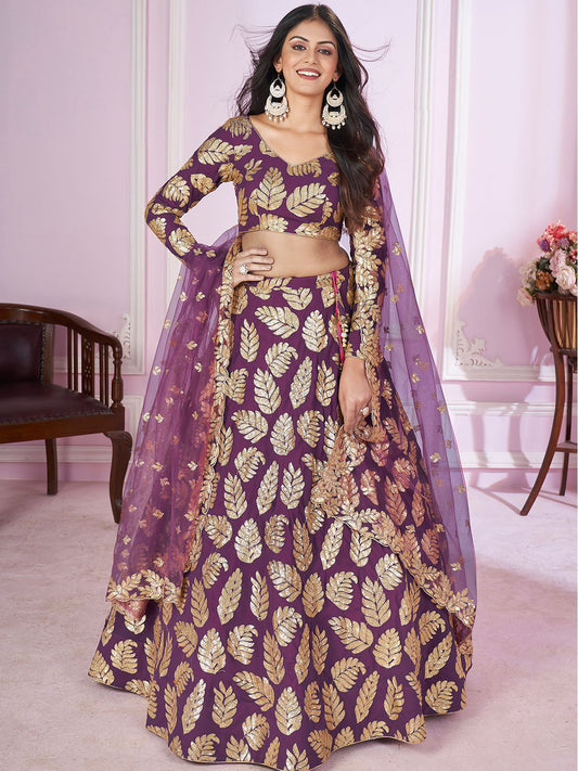 Odette Purple Georgette Embellished Semi Stitched Lehenga With Unstitched Blouse For Women