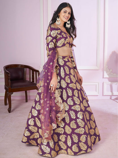 Odette Purple Georgette Embellished Semi Stitched Lehenga With Unstitched Blouse For Women