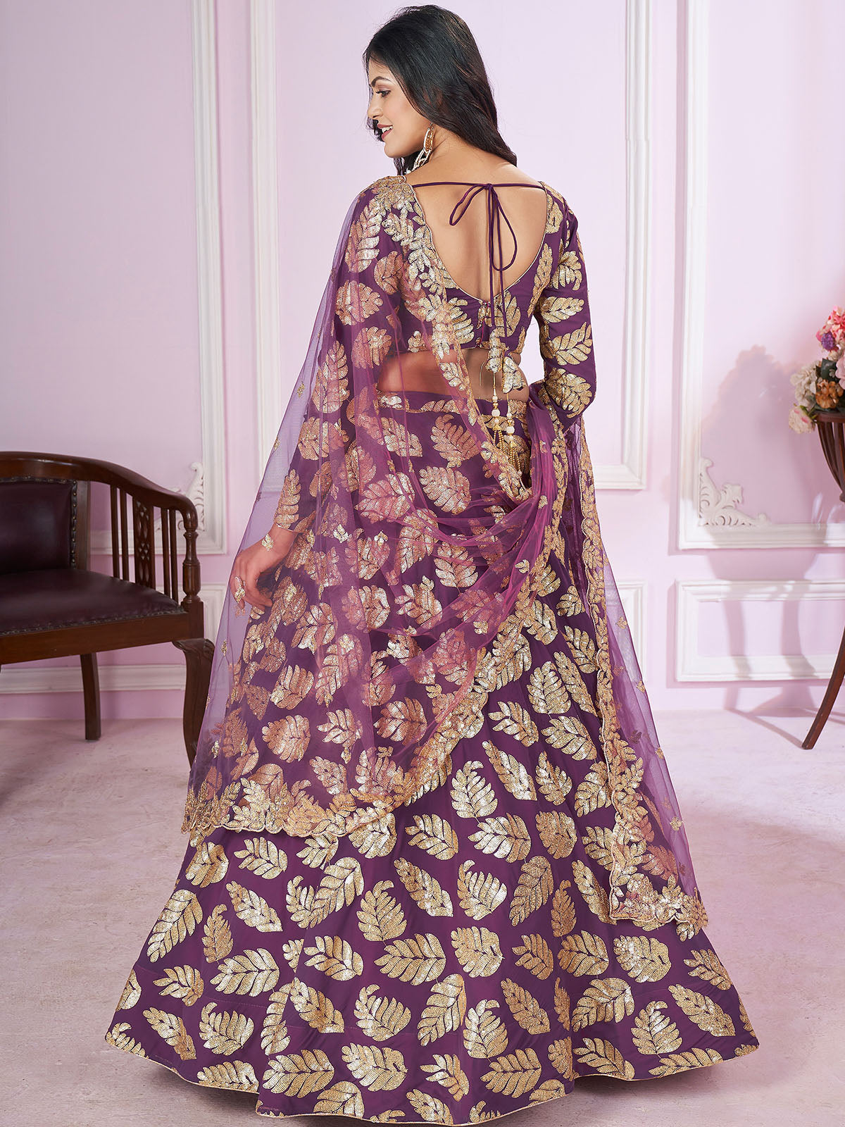 Odette Purple Georgette Embellished Semi Stitched Lehenga With Unstitched Blouse For Women