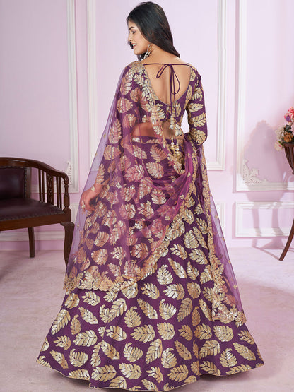 Odette Purple Georgette Embellished Semi Stitched Lehenga With Unstitched Blouse For Women