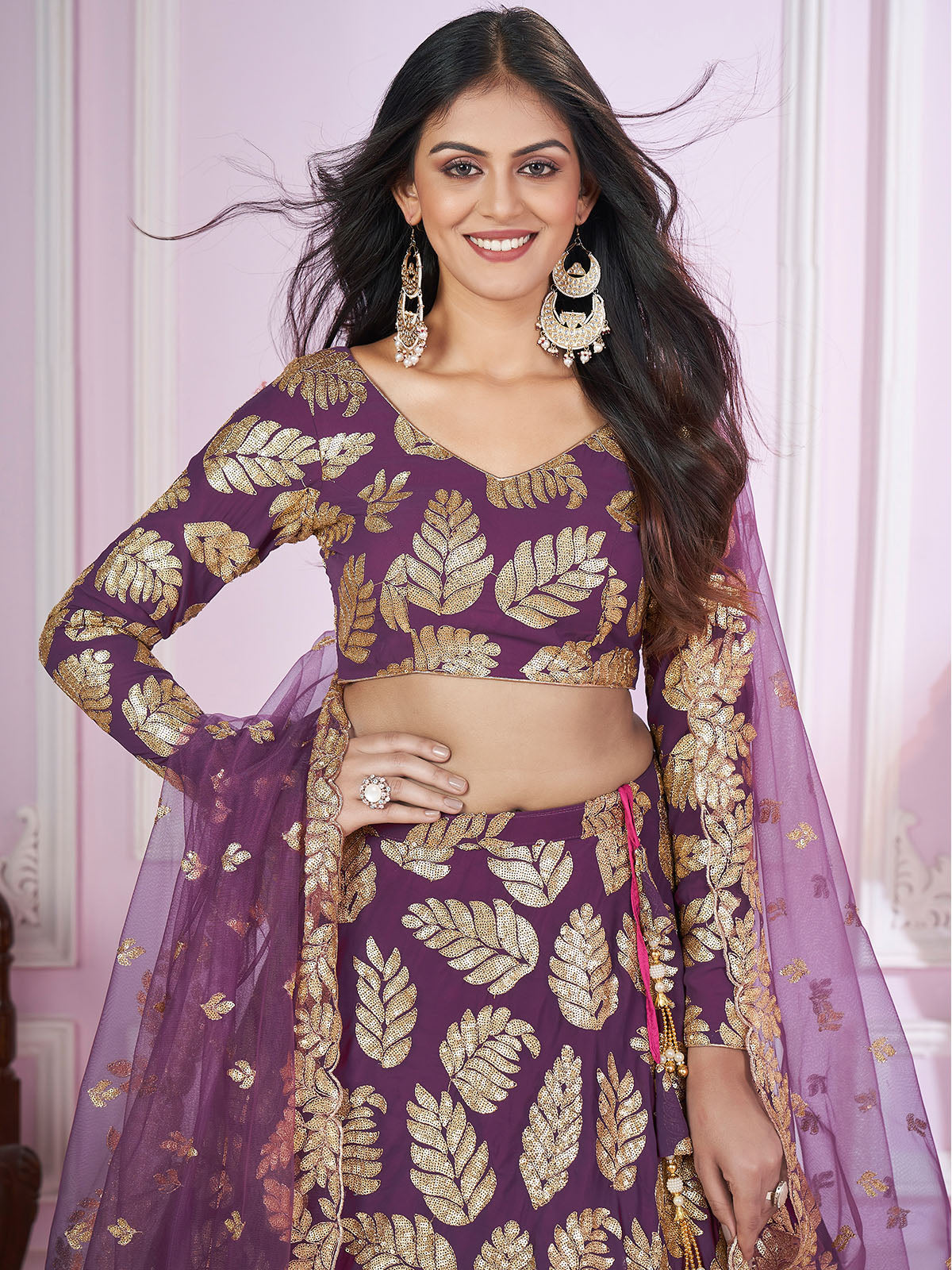 Odette Purple Georgette Embellished Semi Stitched Lehenga With Unstitched Blouse For Women