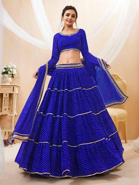 Odette Blue Georgette Printed Semi Stitched Lehenga With Unstitched Blouse For Women