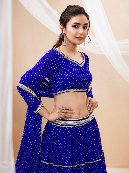 Odette Blue Georgette Printed Semi Stitched Lehenga With Unstitched Blouse For Women