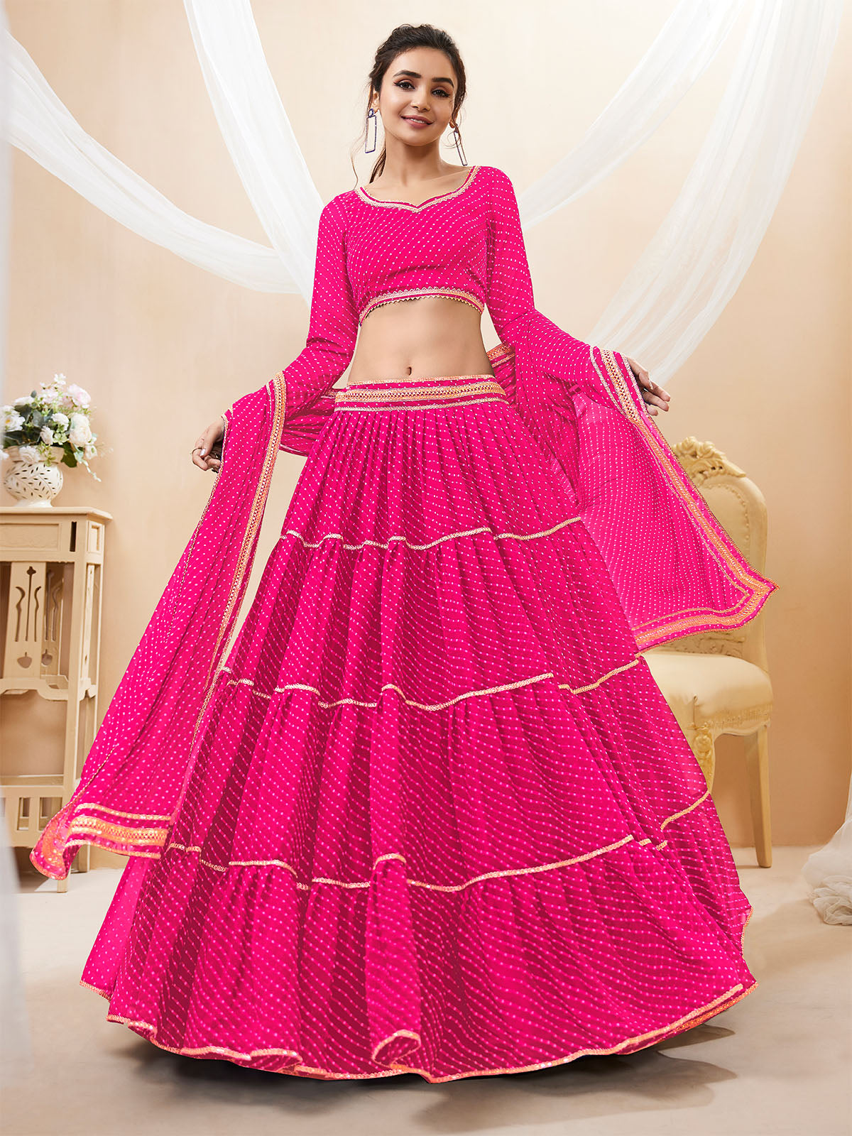 Odette Pink Georgette Printed Semi Stitched Lehenga With Unstitched Blouse For Women