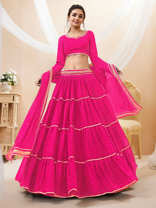 Odette Pink Georgette Printed Semi Stitched Lehenga With Unstitched Blouse For Women