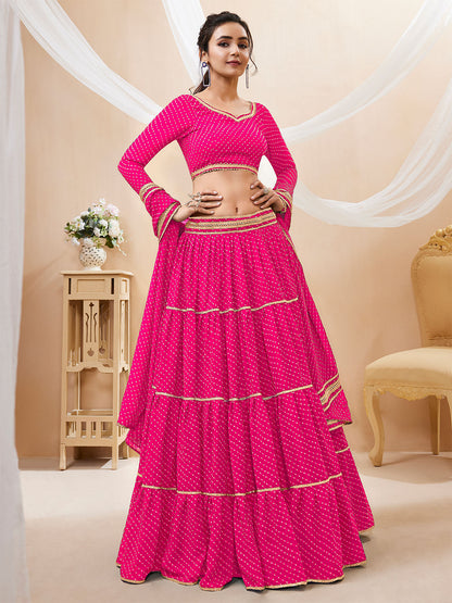 Odette Pink Georgette Printed Semi Stitched Lehenga With Unstitched Blouse For Women