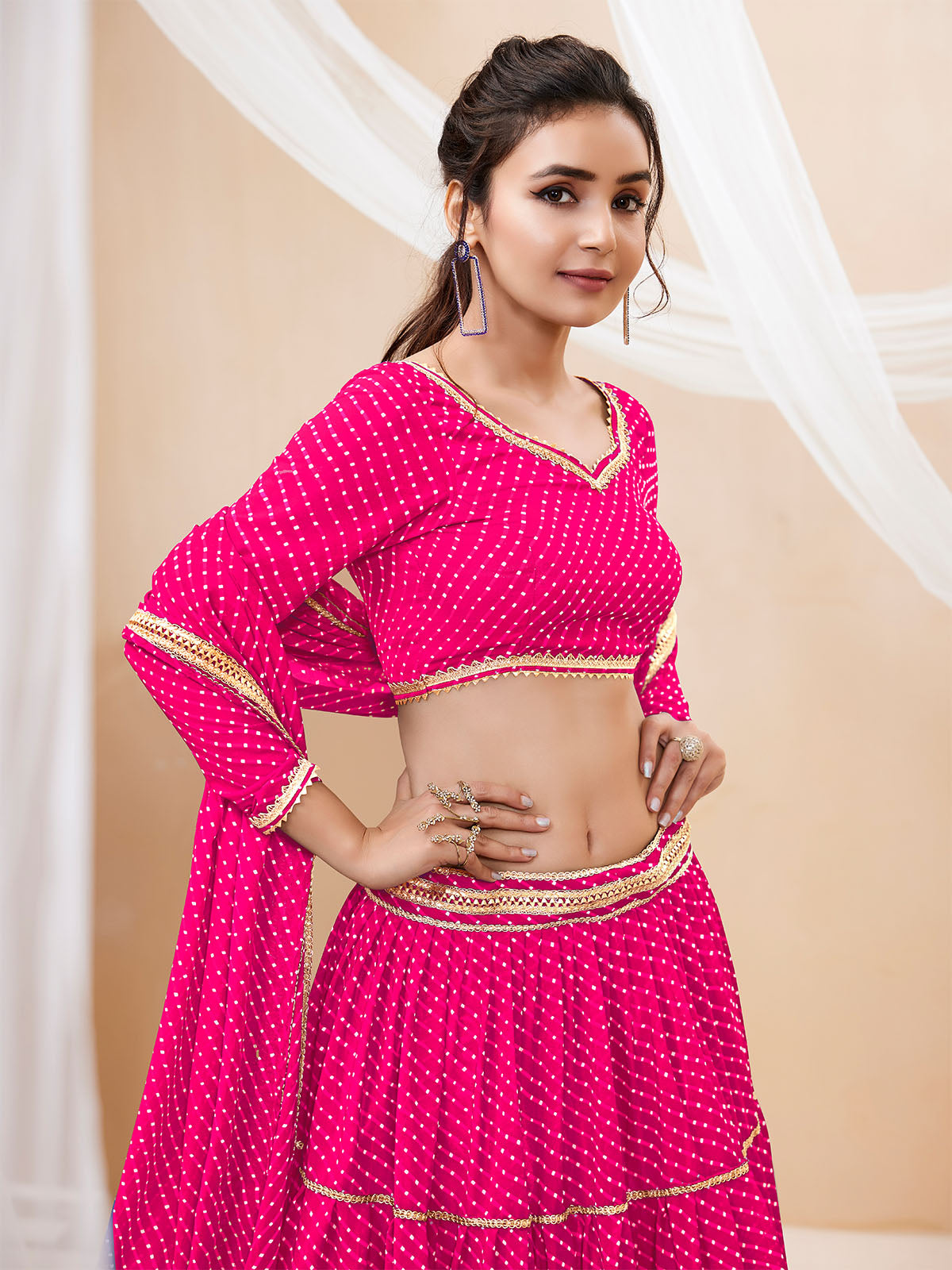 Odette Pink Georgette Printed Semi Stitched Lehenga With Unstitched Blouse For Women