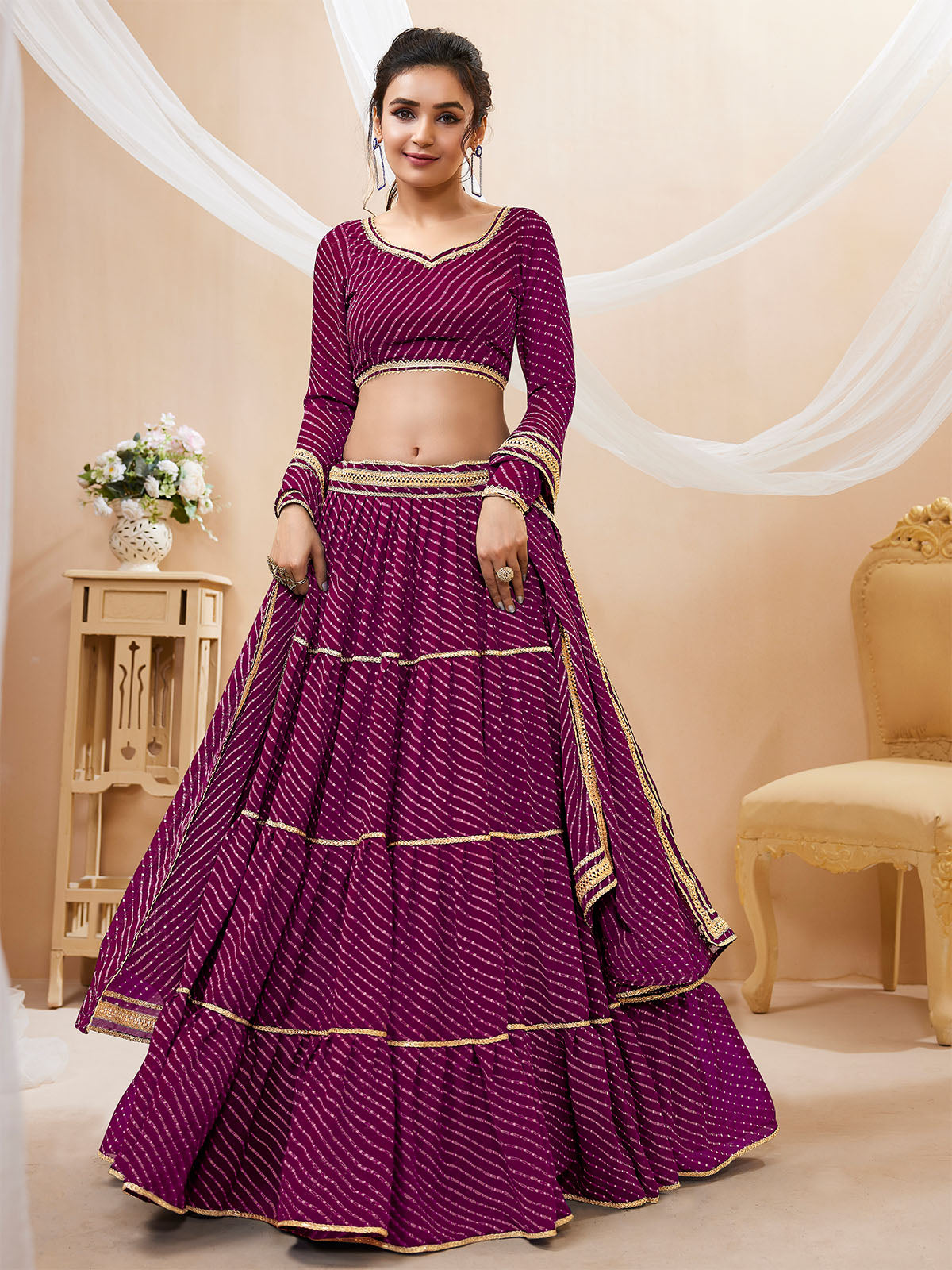 Odette Wine Georgette Printed Semi Stitched Lehenga With Unstitched Blouse For Women