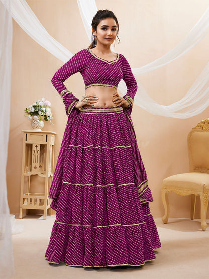 Odette Wine Georgette Printed Semi Stitched Lehenga With Unstitched Blouse For Women