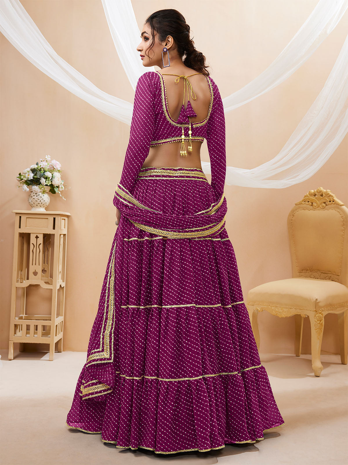 Odette Wine Georgette Printed Semi Stitched Lehenga With Unstitched Blouse For Women