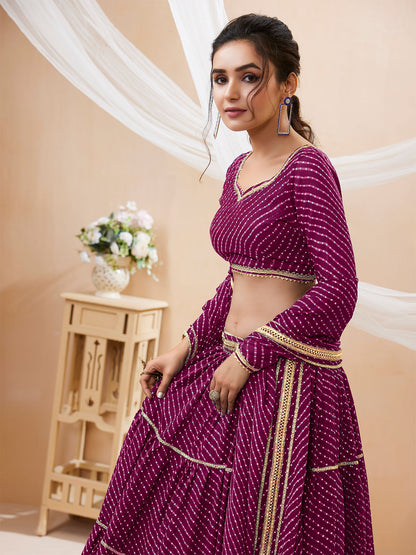 Odette Wine Georgette Printed Semi Stitched Lehenga With Unstitched Blouse For Women