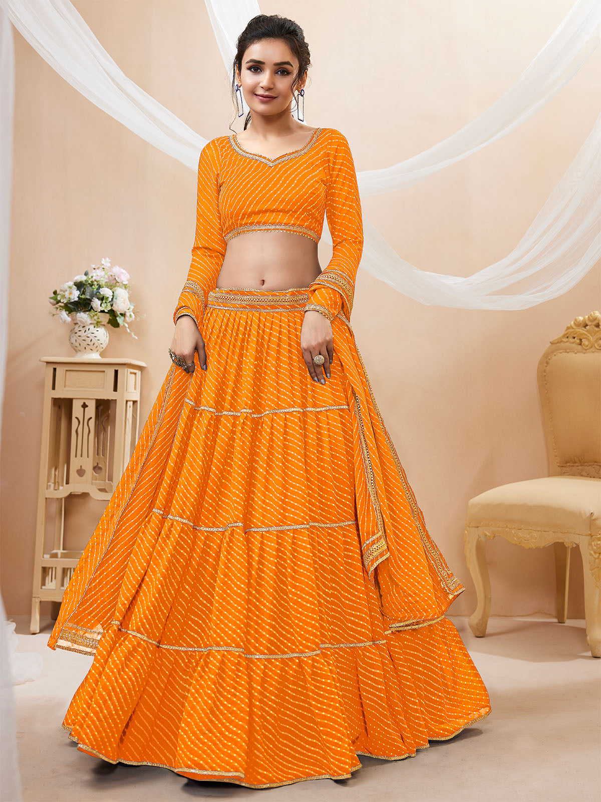 Odette Yellow Georgette Printed Semi Stitched Lehenga With Unstitched Blouse For Women