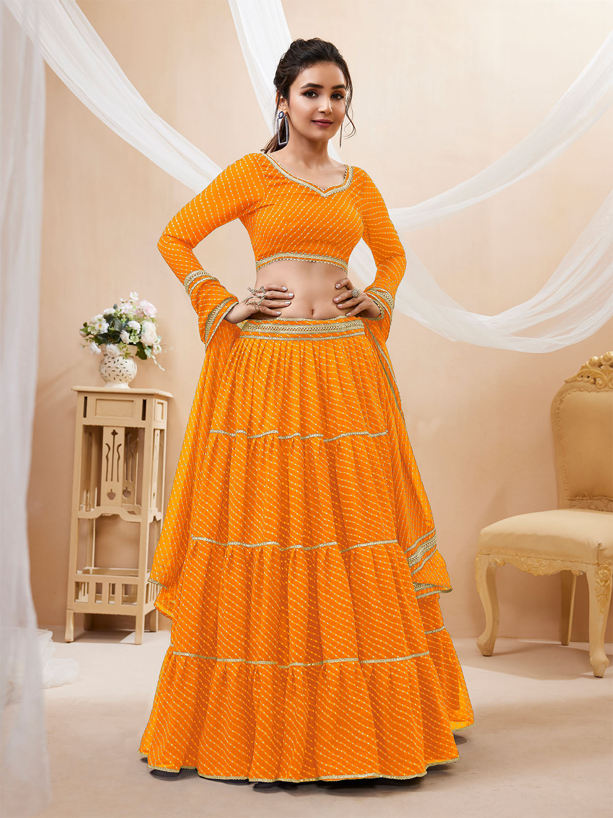 Odette Yellow Georgette Printed Semi Stitched Lehenga With Unstitched Blouse For Women