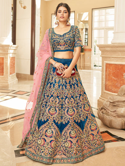 Odette Blue Velvet Embroidered Semi Stitched Lehenga With Unstitched Blouse For Women