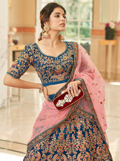 Odette Blue Velvet Embroidered Semi Stitched Lehenga With Unstitched Blouse For Women