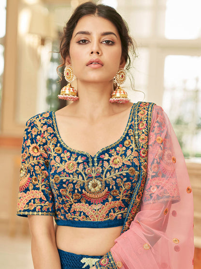Odette Blue Velvet Embroidered Semi Stitched Lehenga With Unstitched Blouse For Women