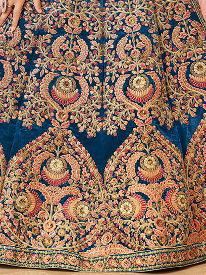 Odette Blue Velvet Embroidered Semi Stitched Lehenga With Unstitched Blouse For Women