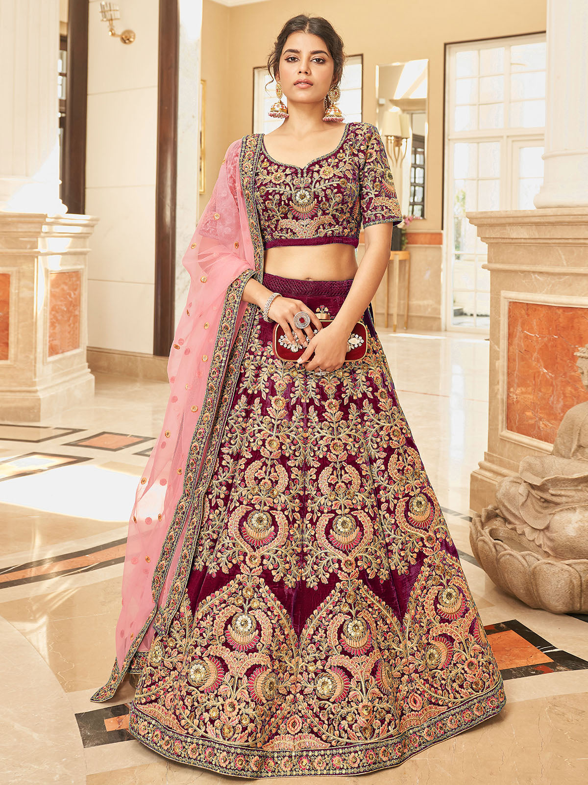 Odette Maroon Velvet Embroidered Semi Stitched Lehenga With Unstitched Blouse For Women