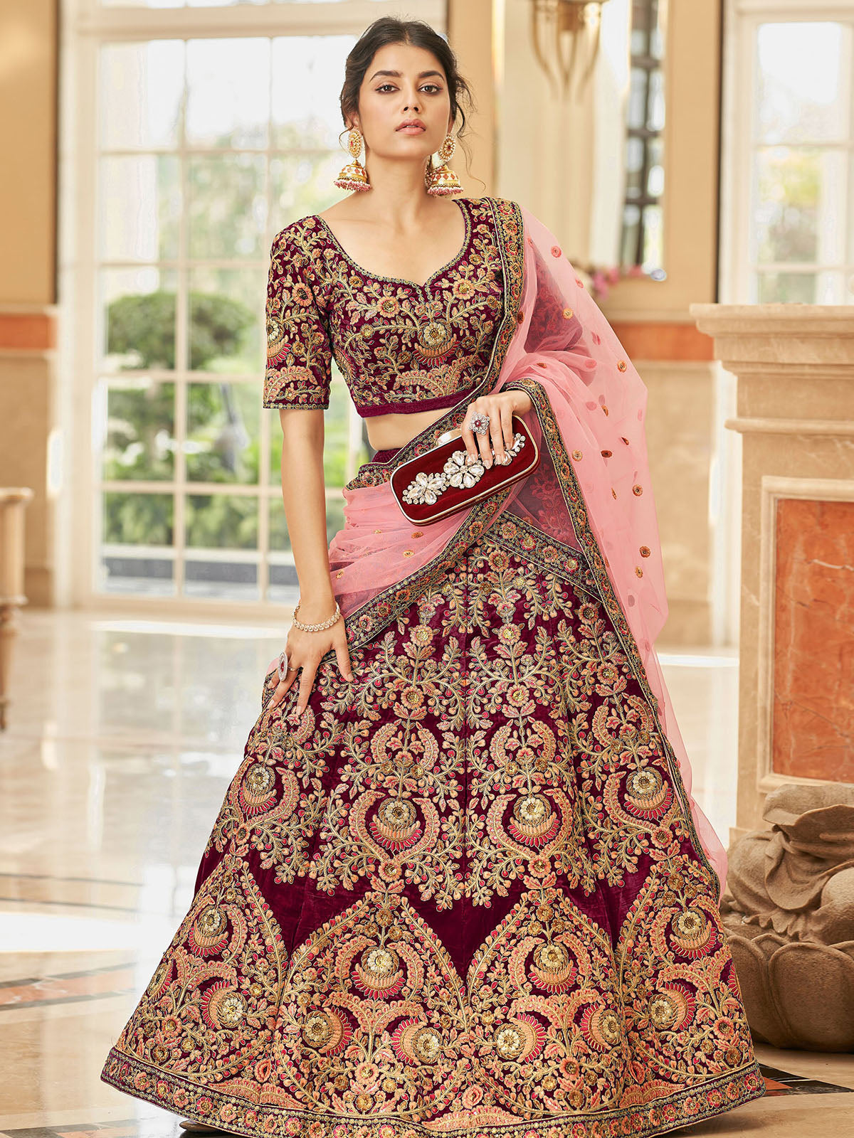 Odette Maroon Velvet Embroidered Semi Stitched Lehenga With Unstitched Blouse For Women