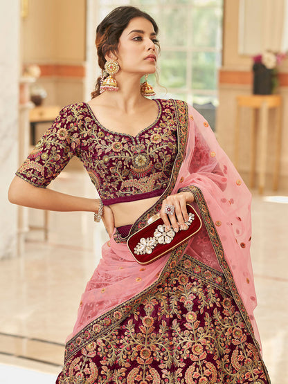 Odette Maroon Velvet Embroidered Semi Stitched Lehenga With Unstitched Blouse For Women