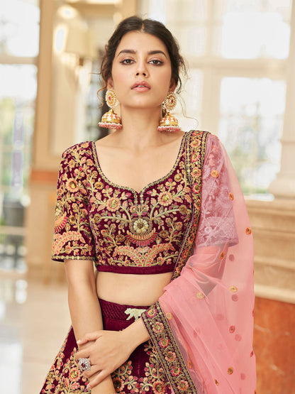 Odette Maroon Velvet Embroidered Semi Stitched Lehenga With Unstitched Blouse For Women