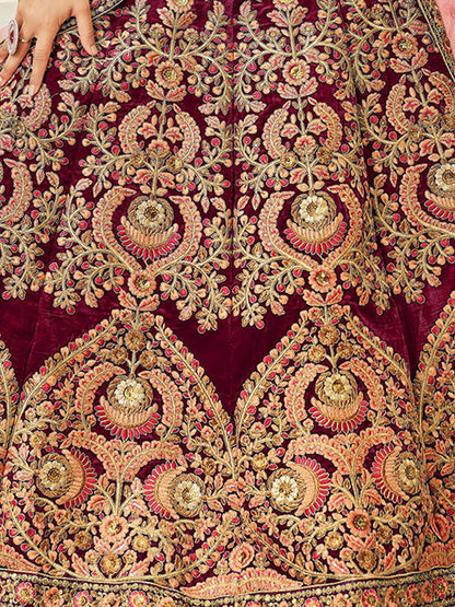 Odette Maroon Velvet Embroidered Semi Stitched Lehenga With Unstitched Blouse For Women