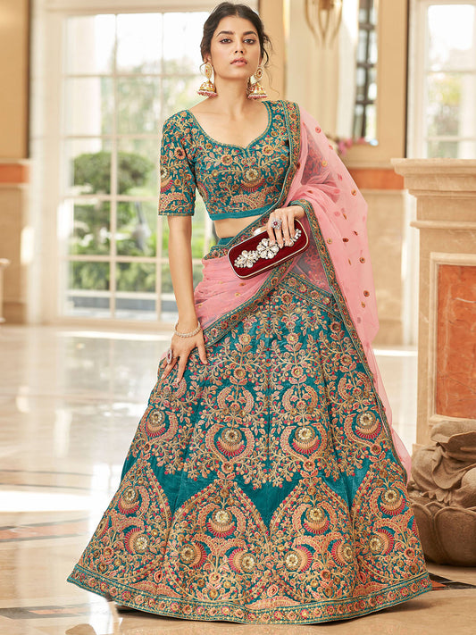 Odette Teal Velvet Embroidered Semi Stitched Lehenga With Unstitched Blouse For Women