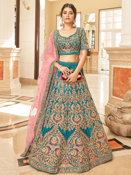 Odette Teal Velvet Embroidered Semi Stitched Lehenga With Unstitched Blouse For Women
