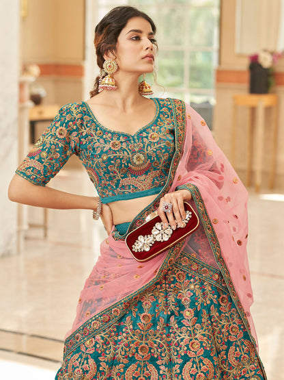 Odette Teal Velvet Embroidered Semi Stitched Lehenga With Unstitched Blouse For Women