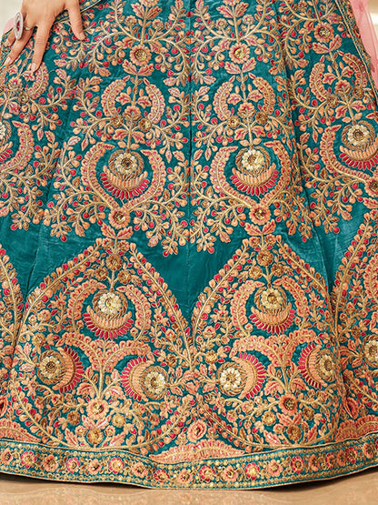 Odette Teal Velvet Embroidered Semi Stitched Lehenga With Unstitched Blouse For Women