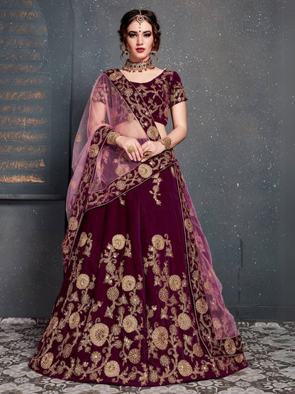 Odette Purple Velvet Embroidered Semi Stitched Lehenga With Blouse For Women