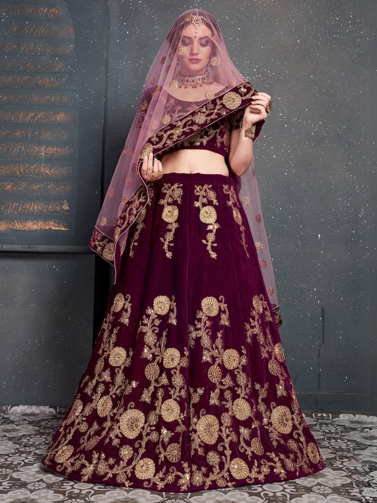 Odette Purple Velvet Embroidered Semi Stitched Lehenga With Blouse For Women
