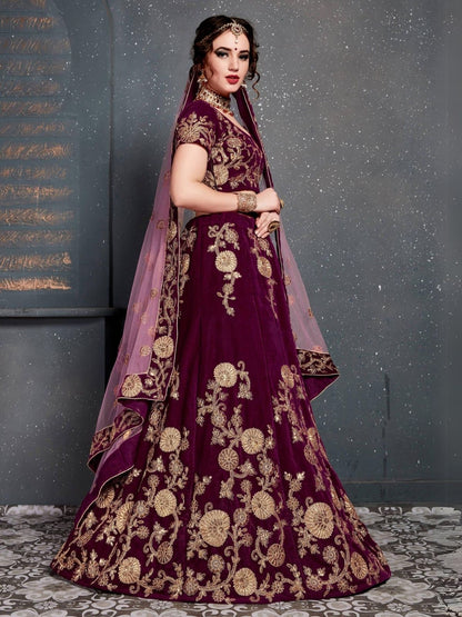 Odette Purple Velvet Embroidered Semi Stitched Lehenga With Blouse For Women