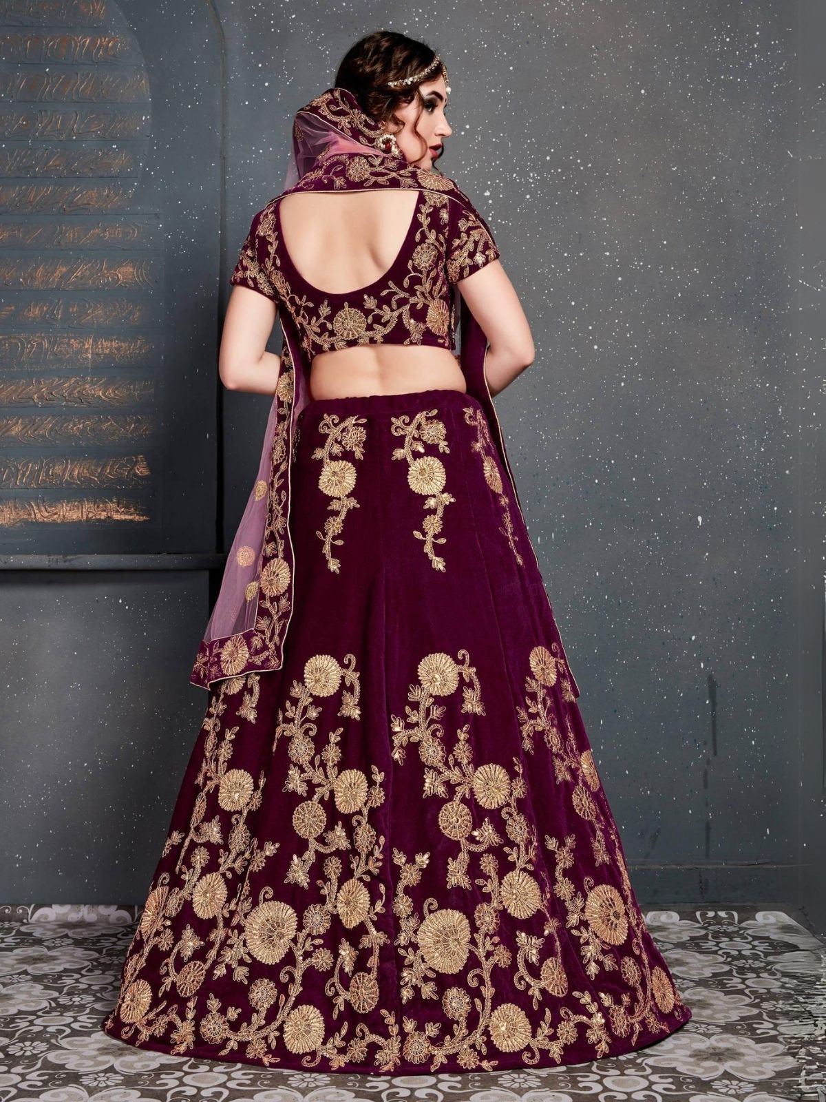 Odette Purple Velvet Embroidered Semi Stitched Lehenga With Blouse For Women