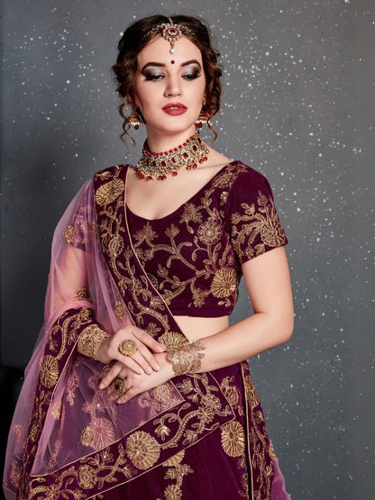 Odette Purple Velvet Embroidered Semi Stitched Lehenga With Blouse For Women