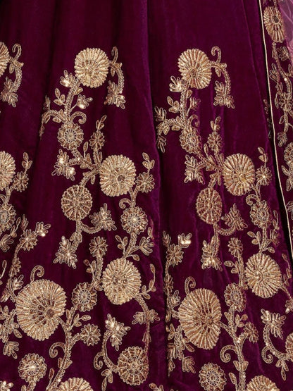 Odette Purple Velvet Embroidered Semi Stitched Lehenga With Blouse For Women