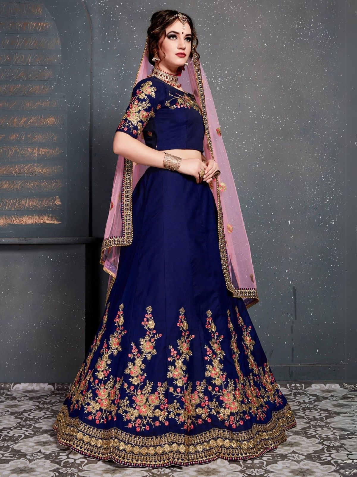 Odette Dark Blue Satin Silk Embroidered Semi Stitched Lehenga With Blouse For Women