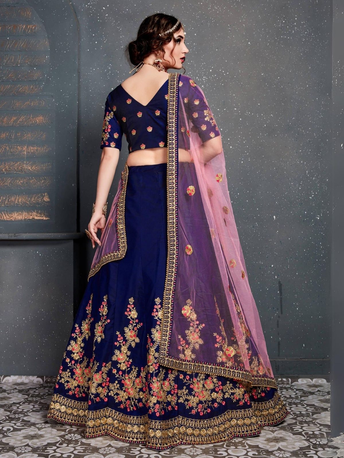 Odette Dark Blue Satin Silk Embroidered Semi Stitched Lehenga With Blouse For Women
