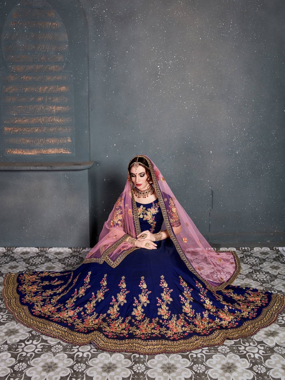 Odette Dark Blue Satin Silk Embroidered Semi Stitched Lehenga With Blouse For Women